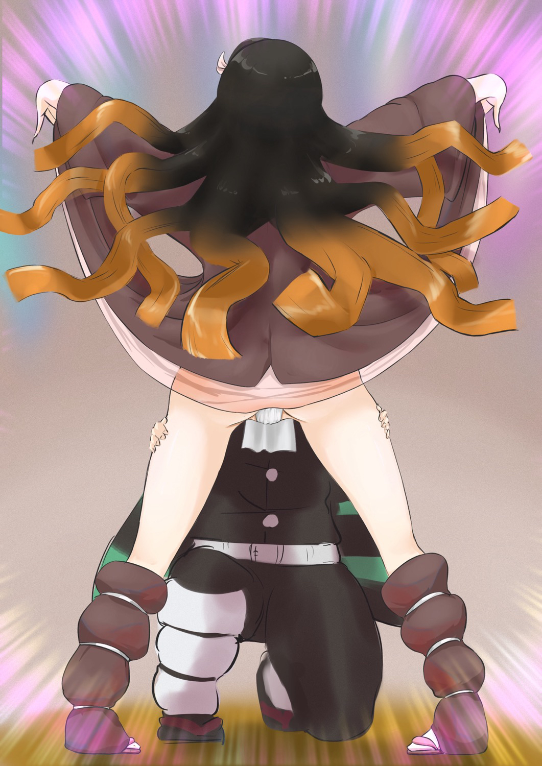 1boy, 1girl, ass, brown_hair, checkered_haori, demon_slayer_uniform, from_behind, gradient_hair