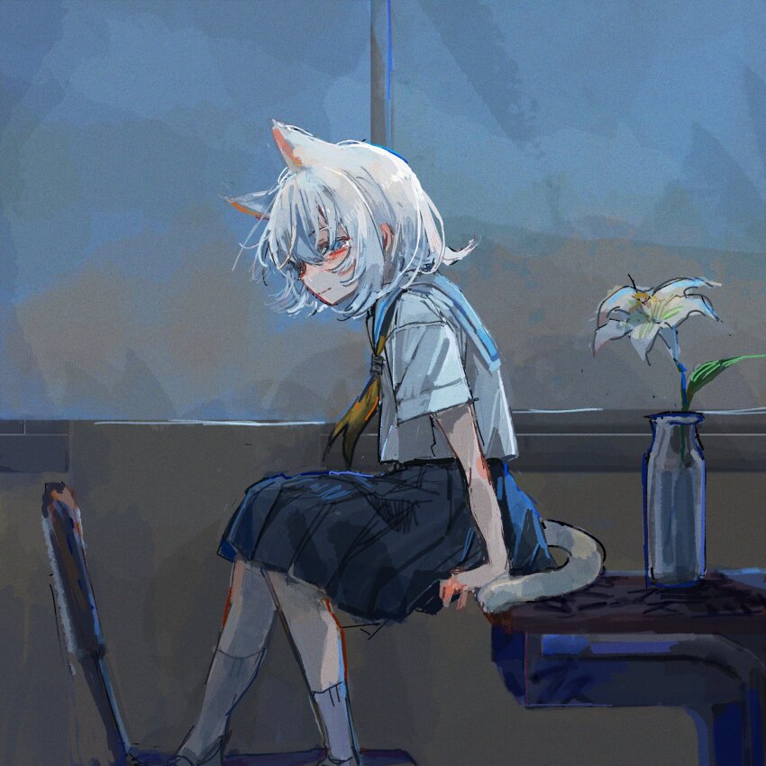 1girl, animal_ears, artist_self-insert, black_skirt, blue_eyes, blue_sailor_collar, cat_ears, cat_girl