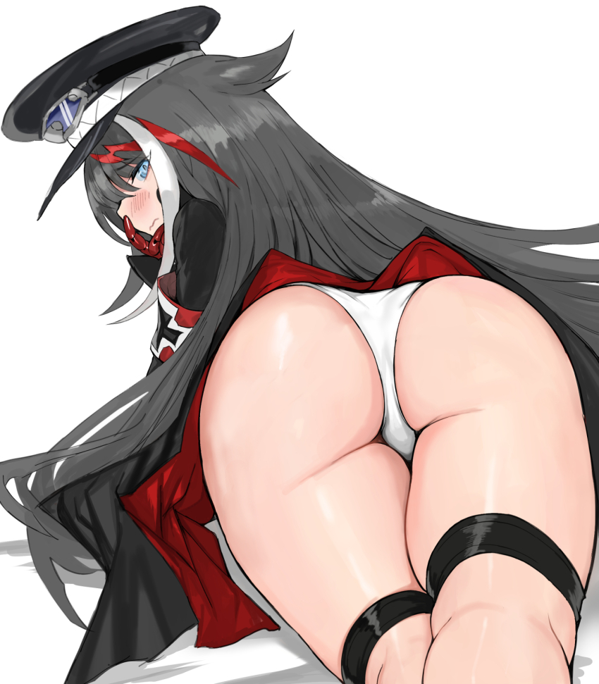 ass, ass_focus, azur_lane, black_hair, blue_eyes, blurry, blush, cross, depth_of_field, deutschland_(azur_lane), eyewear_on_headwear, goggles, goggles_on_headwear, hat, highres, iron_cross, leg_belt, mechanical_hands, multicolored_hair, panties, peaked_cap, solo, streaked_hair, takeakigaku, underwear, white_background, white_panties