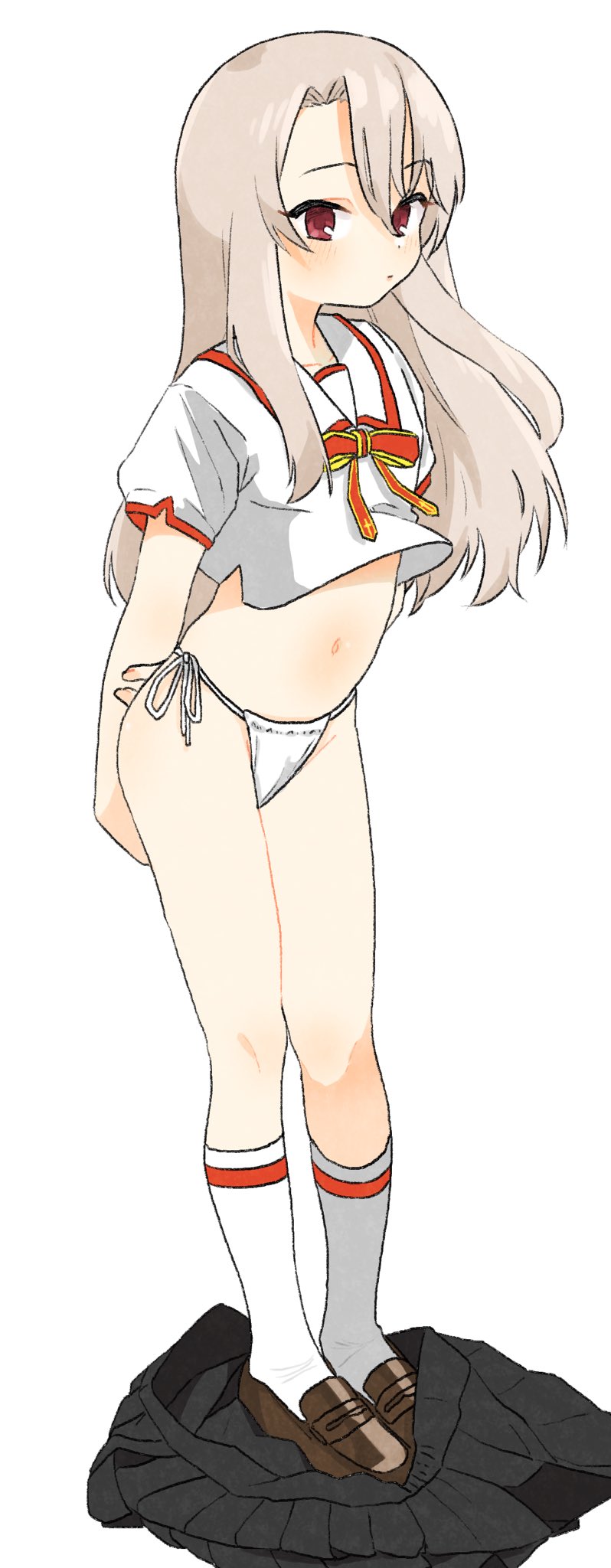 1girl, arms_behind_back, black_skirt, bow, bowtie, brown_footwear, commentary_request, comog, dot_nose, expressionless, fate/kaleid_liner_prisma_illya, fate_(series), female_focus, flat_chest, full_body, grey_hair, hair_between_eyes, highres, illyasviel_von_einzbern, legs, light_blush, loli, long_hair, looking_afar, looking_at_viewer, navel, panties, pleated_skirt, red_bow, red_bowtie, red_eyes, sailor_collar, shirt, short_sleeves, side-tie_panties, sidelocks, simple_background, skirt, unworn_skirt, socks, solo, standing, stomach, string_panties, thighs, underwear, white_panties, white_sailor_collar, white_shirt, white_socks