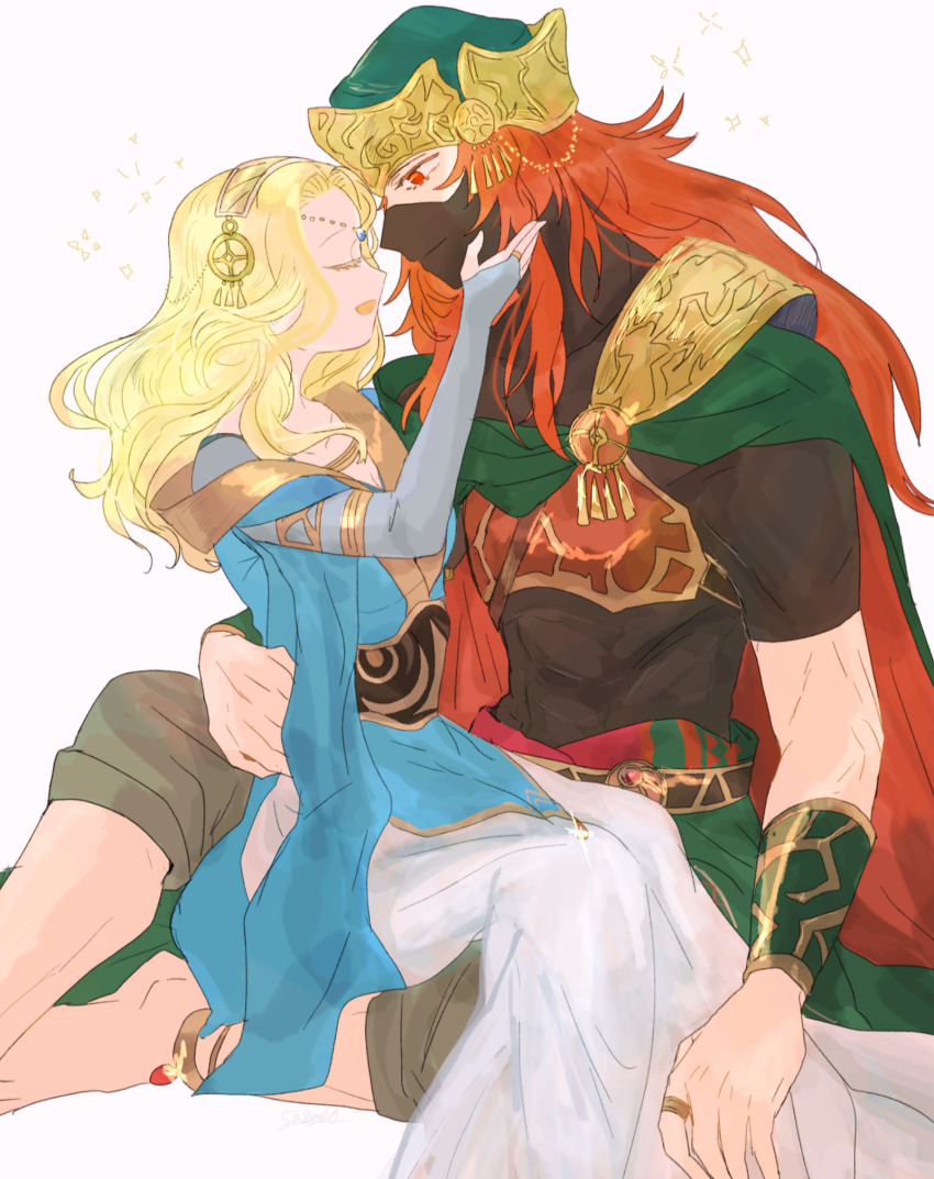 1boy, 1girl, abs, alternate_costume, aroejumping, blonde_hair, blue_dress, caressing_cheek, closed_eyes, couple, dress, fire_emblem, fire_emblem:_the_sacred_stones, fire_emblem_heroes, hetero, highres, joshua_(fire_emblem), joshua_(resolute_tempest)_(fire_emblem), long_hair, mouth_veil, natasha_(fire_emblem), nintendo, official_alternate_costume, open_mouth, red_hair, sitting, sitting_on_lap, sitting_on_person, veil, white_dress