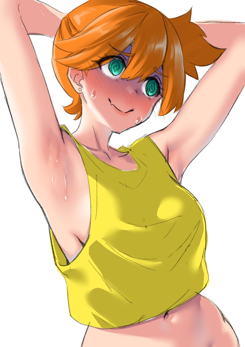 1girl, @_@, armpits, arms_behind_head, arms_up, asymmetrical_hair, blush, breasts, female_focus, gen_1_pokemon, green_eyes, hair_tie, highres, medium_breasts, misty_(pokemon), mr_bowater, navel, nintendo, pokemon, pokemon_(anime), pokemon_(classic_anime), ponytail, shirt, short_hair, shorts, side_ponytail, smile, solo, stomach, suspender_shorts, suspenders, sweat, sweatdrop, tank_top, yellow_shirt