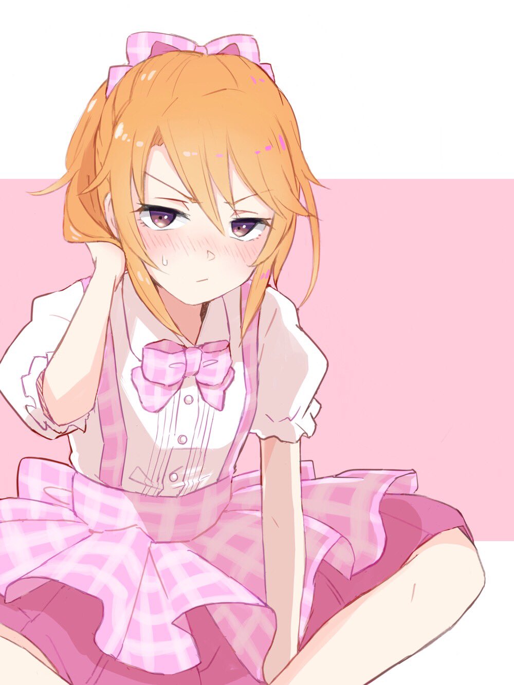 1girl, apron, arm_behind_head, blush, bow, bowtie, brown_eyes, closed_mouth, frilled_shirt, frills, hair_ribbon, highres, idolmaster, idolmaster_cinderella_girls, idolmaster_cinderella_girls_starlight_stage, idolmaster_cinderella_girls_u149, indian_style, koichi_makoto_(artist), long_hair, looking_at_viewer, orange_hair, pink_apron, pink_background, pink_bow, pink_bowtie, pink_ribbon, pink_shirt, plaid_apron, plaid_clothes, plaid_ribbon, pleated_skirt, ribbon, shirt, short_sleeves, shy, simple_background, sitting, skirt, solo, sweat, two-tone_background, v-shaped_eyebrows, white_background, white_shirt, yuuki_haru