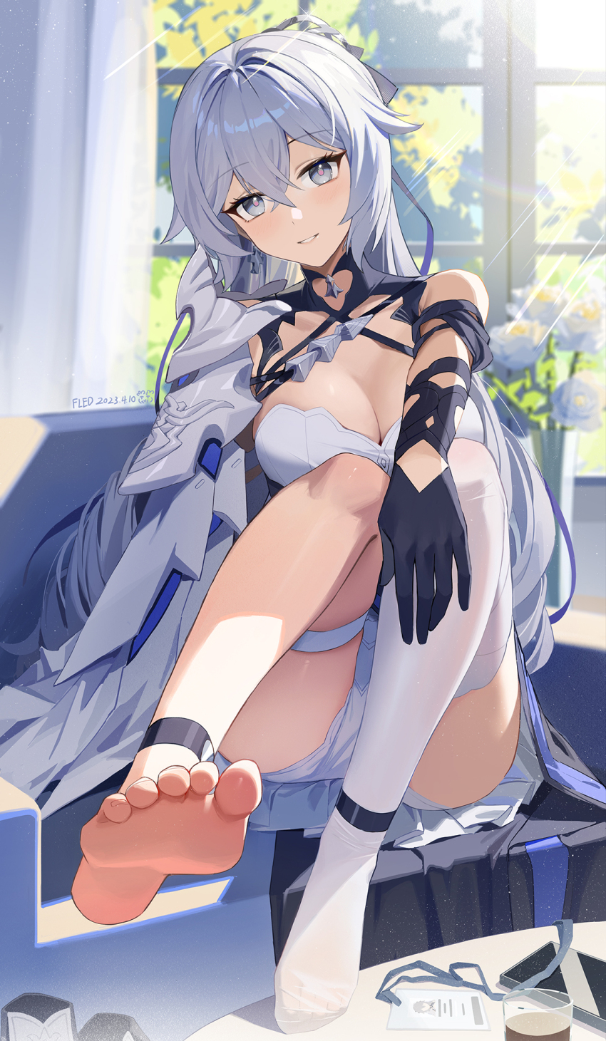1girl, :d, barefoot, black_gloves, breasts, bronya_zaychik, bronya_zaychik_(silverwing:_n-ex), cellphone, cleavage, couch, curtains, day, dress, earrings, feet, fled, full_body, gloves, grey_eyes, grey_hair, grin, hair_ornament, highres, honkai_(series), honkai_impact_3rd, id_card, indoors, jewelry, knees_together_feet_apart, lanyard, large_breasts, long_hair, looking_at_viewer, no_shoes, open_mouth, panties, phone, single_thighhigh, sitting, smile, soles, solo, table, teeth, thighhighs, toes, tree, underwear, very_long_hair, white_dress, white_panties, white_thighhighs, window
