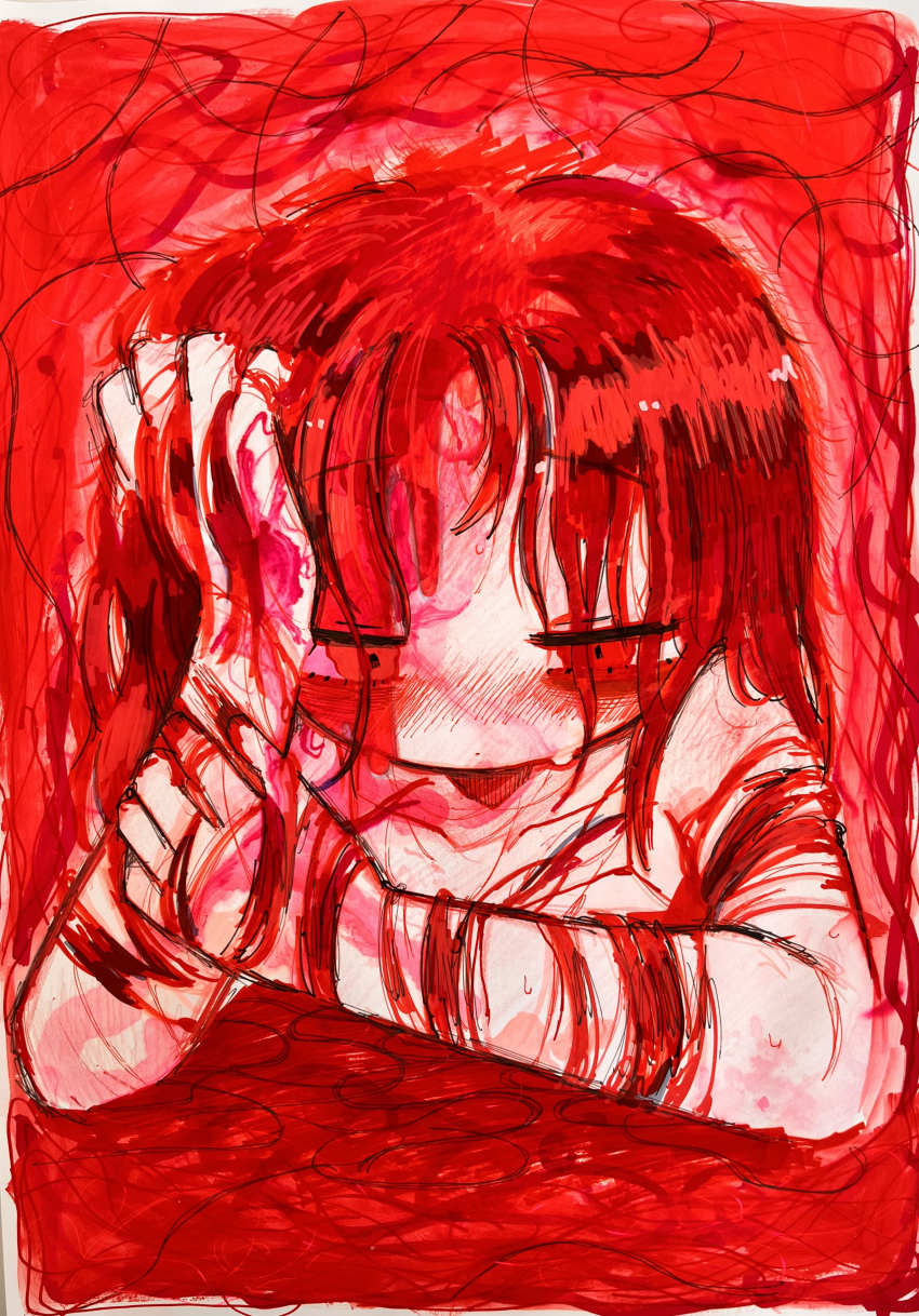 1girl, absurdres, arm_rest, bad_anatomy, bad_hands, bags_under_eyes, blood, blood_on_arm, blood_on_chest, blood_on_face, blush, closed_mouth, commentary, crying, crying_with_eyes_open, dot_mouth, edanoma_meu, english_commentary, half-closed_eyes, hand_on_own_forehead, hand_on_own_head, highres, long_hair, nose_blush, nude, original, red_background, red_eyes, red_hair, red_theme, scar, scar_on_arm, scratching, scratching_arm, self-harm, solo, tears