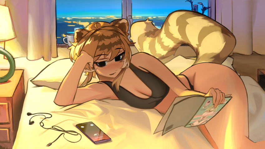 1girl, absurdres, animal_ears, black_bra, black_panties, blueisalanguage, bra, breasts, brown_hair, cleavage, commentary, earbuds, earphones, english_commentary, freckles, hanna_(blueisalanguage), highres, lying, medium_breasts, multicolored_hair, on_bed, on_side, original, panties, reading, shonen_jump, short_hair, short_hair_with_long_locks, solo, tail, tiger_ears, tiger_girl, tiger_tail, underwear, underwear_only