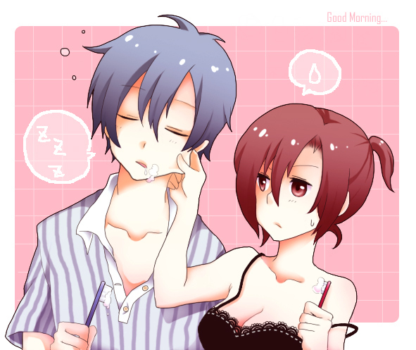 1boy, 1girl, bad_id, bad_pixiv_id, blue_hair, brown_eyes, brown_hair, cheek_pinching