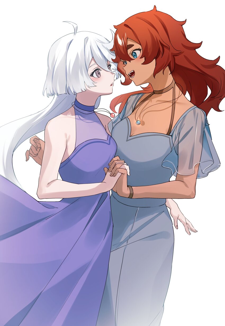 2girls, absurdres, ahoge, aqua_eyes, bare_shoulders, blue_dress, blush, bracelet, dress, eye_contact, grey_eyes, gundam, gundam_suisei_no_majo, hair_between_eyes, highres, holding_hands, interlocked_fingers, jewelry, kameria526, long_hair, looking_at_another, miorine_rembran, multiple_girls, necklace, official_alternate_costume, open_mouth, red_hair, simple_background, sleeveless, sleeveless_dress, smile, suletta_mercury, thick_eyebrows, white_background, white_hair, yuri