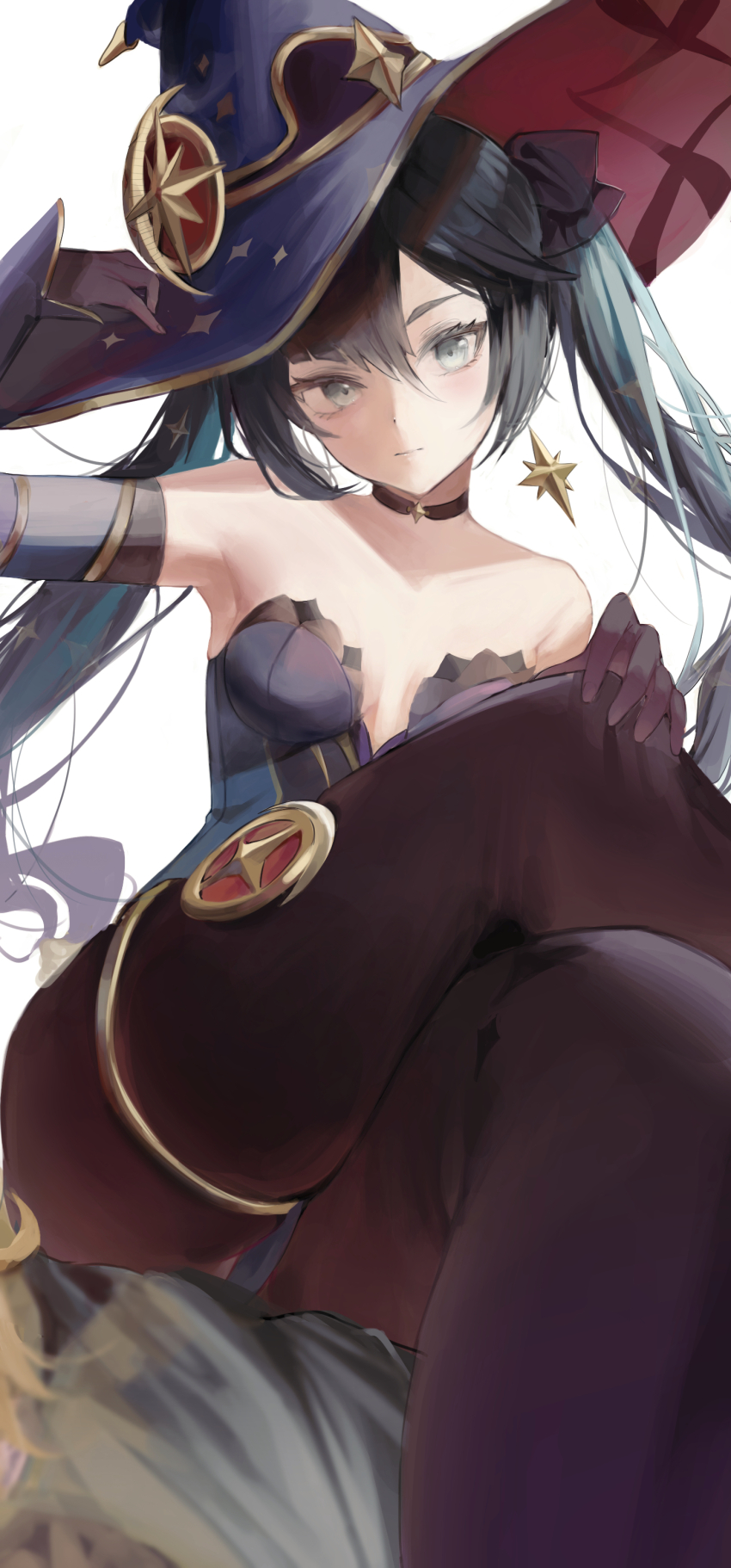 1girl, absurdres, arm_up, bare_shoulders, black_choker, black_hair, breasts, choker