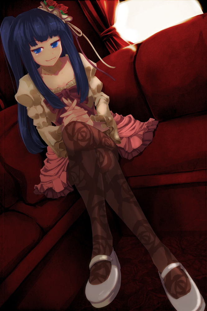1girl, blue_eyes, blue_hair, choker, crossed_legs, female_focus, floral_print, furudo_erika, hat, legs, long_hair, mary_janes, matching_hair/eyes, murakata, pantyhose, patterned_legwear, print_pantyhose, shoes, sitting, solo, umineko_no_naku_koro_ni, white_shoes