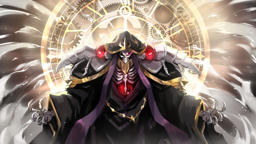 1boy, absurdres, ainz_ooal_gown, air_current, black_robe, clock, commentary, commentary_request, energy, english_commentary, eye_trail, fantasy, floating_clothes, gears, glowing, glowing_eye, highres, hood, hood_up, hooded_robe, kazana_(sakuto), lich, light, light_trail, long_sleeves, looking_at_viewer, magic, magic_circle, male_focus, orb, outstretched_arms, overlord_(maruyama), partial_commentary, pink_eyes, ribs, robe, skeletal_arm, skeleton, skull, solo, spread_arms, straight-on, undead, upper_body, wide_sleeves
