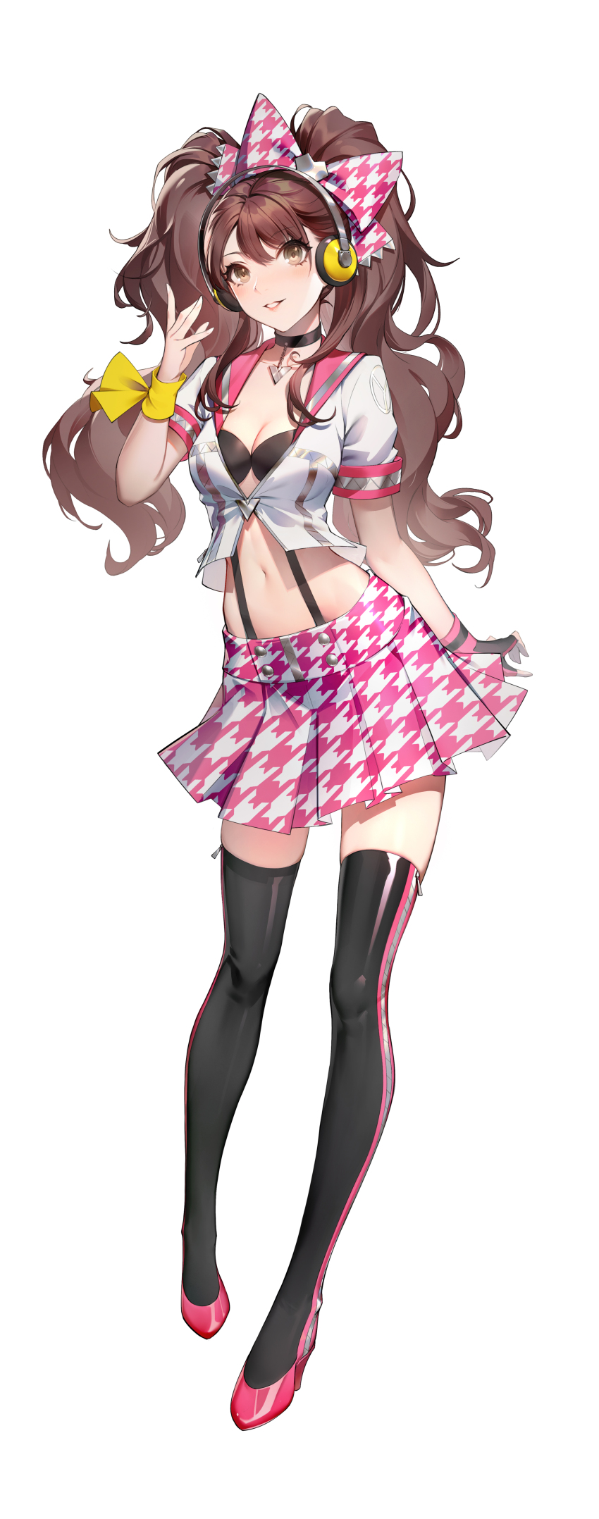 1girl, absurdres, black_bra, black_choker, black_thighhighs, bow, bra, breasts