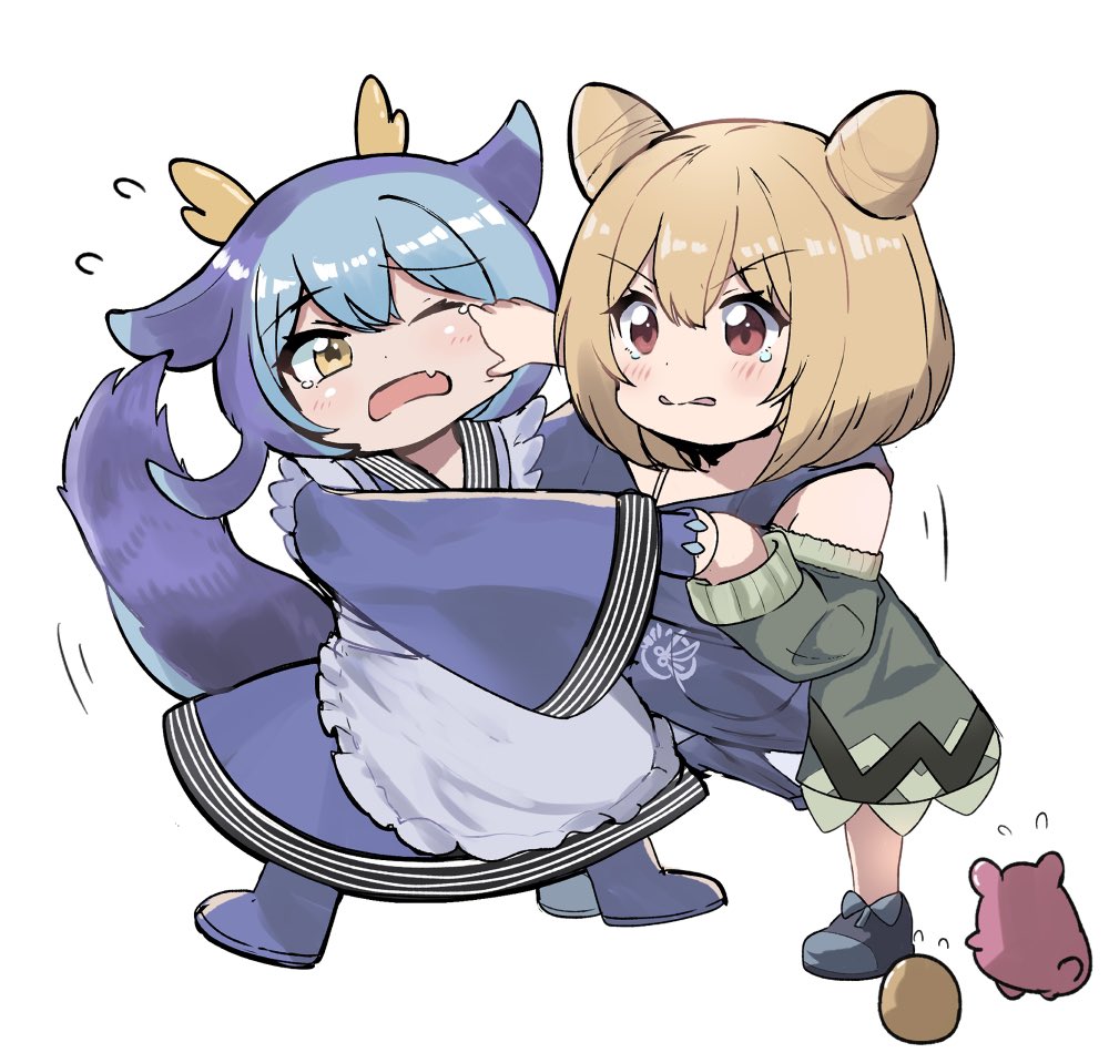 2girls, apron, blonde_hair, blue_hair, cheek_pinching, child, double_bun, dragon_girl, dragon_horns, dragon_tail, duel_monster, hair_bun, hair_flaps, horns, japanese_clothes, laundry_dragonmaid, looking_at_another, maid, medium_hair, multiple_girls, pinching, red_eyes, strapless, tail, tearing_up, tokage_(tokageymimr), wa_maid, white_background, witchcrafter_potterie, yellow_eyes, yu-gi-oh!