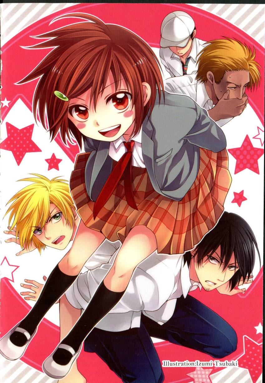 1girl, 4boys, :d, arms_behind_back, artist_name, baseball_cap, bent_over, black_eyes