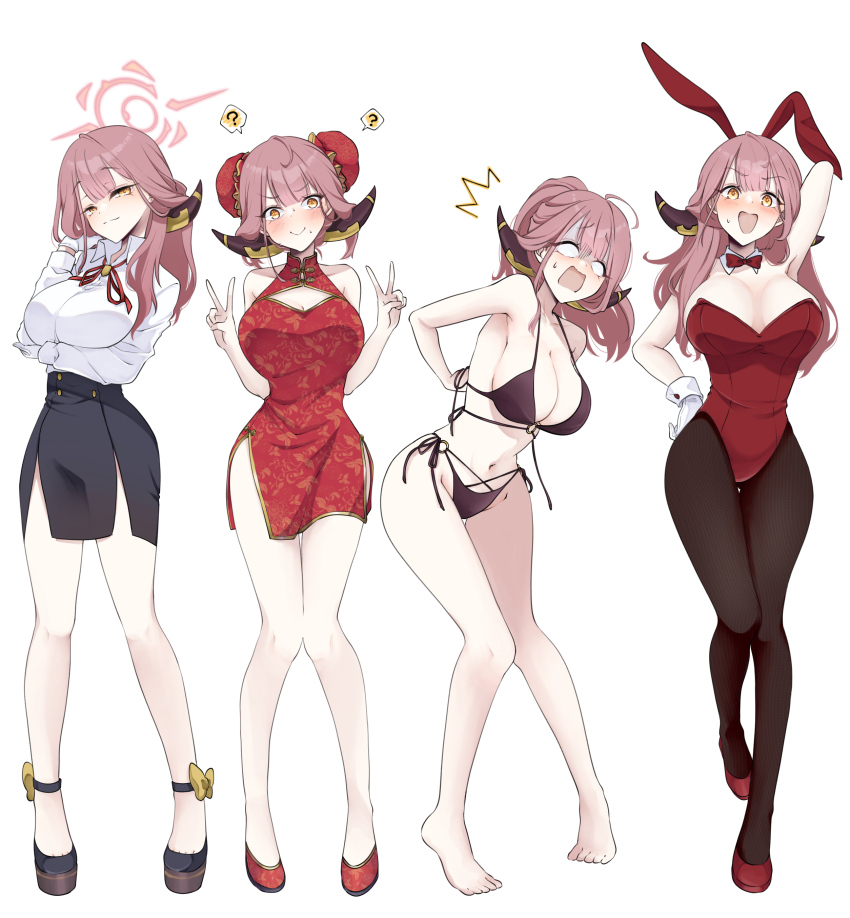 1girl, ?, absurdres, animal_ears, armpits, aru_(blue_archive), bikini, black_bikini, black_pantyhose, blank_eyes, blue_archive, blush, breasts, china_dress, chinese_clothes, cleavage, cleavage_cutout, clothing_cutout, collarbone, demon_horns, detached_collar, double_bun, double_v, dress, fake_animal_ears, full_body, gloves, hair_bun, half-closed_eyes, halo, highres, horns, large_breasts, leotard, long_hair, multiple_persona, navel, neck_ribbon, nervous_smile, o-ring, o-ring_bikini, pantyhose, pen_nee_(pensis), pencil_skirt, pink_hair, playboy_bunny, ponytail, rabbit_ears, red_leotard, ribbon, shirt, side-tie_bikini_bottom, side_slit, simple_background, skirt, smile, spoken_question_mark, straight_hair, strapless, strapless_leotard, sweatdrop, swimsuit, toes, tying_necktie, v, white_background, white_gloves, white_shirt