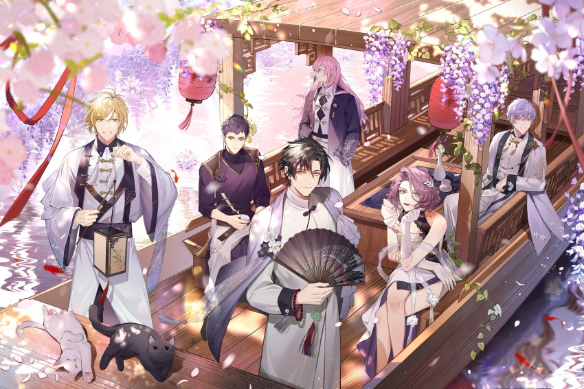 1girl, 5boys, absurdres, ai_jia, bead_bracelet, beads, belt, black_cat, black_dress, black_flower, black_hair, black_sash, black_shirt, blonde_hair, blurry, blurry_foreground, boat, bracelet, braid, brown_belt, cat, chen_feng, cherry_blossoms, chinese_clothes, chinese_commentary, chinese_knot, closed_mouth, coat, commentary_request, crossed_legs, cup, dappled_sunlight, day, depth_of_field, dream_mansion, dress, earrings, elbow_gloves, eyelashes, falling_petals, fish, flower, folding_fan, glasses, gloves, green_eyes, grin, hair_between_eyes, hand_fan, hand_up, hands_in_pockets, hanfu, head_rest, heart, heart_earrings, highres, holding, holding_cup, holding_fan, jewelry, lantern, lipstick, long_hair, long_sleeves, looking_at_viewer, looking_away, lu_ze, makeup, min_heng, mole, mole_under_mouth, multicolored_clothes, multiple_boys, open_clothes, open_coat, outdoors, pants, paper_lantern, parted_bangs, pawpads, petals, pink_flower, pink_hair, plant, plate, purple_flower, purple_hair, red_eyes, red_lips, red_ribbon, ribbon, robe, round_eyewear, sash, saucer, scar, scar_on_face, scar_on_nose, shirt, short_hair, side_braid, single_braid, sitting, sleeveless, sleeveless_dress, smile, standing, sunlight, table, tangzhuang, tassel, teeth, vase, vines, water, water_lily_flower, watercraft, wavy_hair, white_cat, white_coat, white_dress, white_flower, white_gloves, white_pants, white_robe, white_shirt, wide_sleeves, wisteria, xingxing_mei, ye_xinglang, yellow_eyes, yuan_tianyi