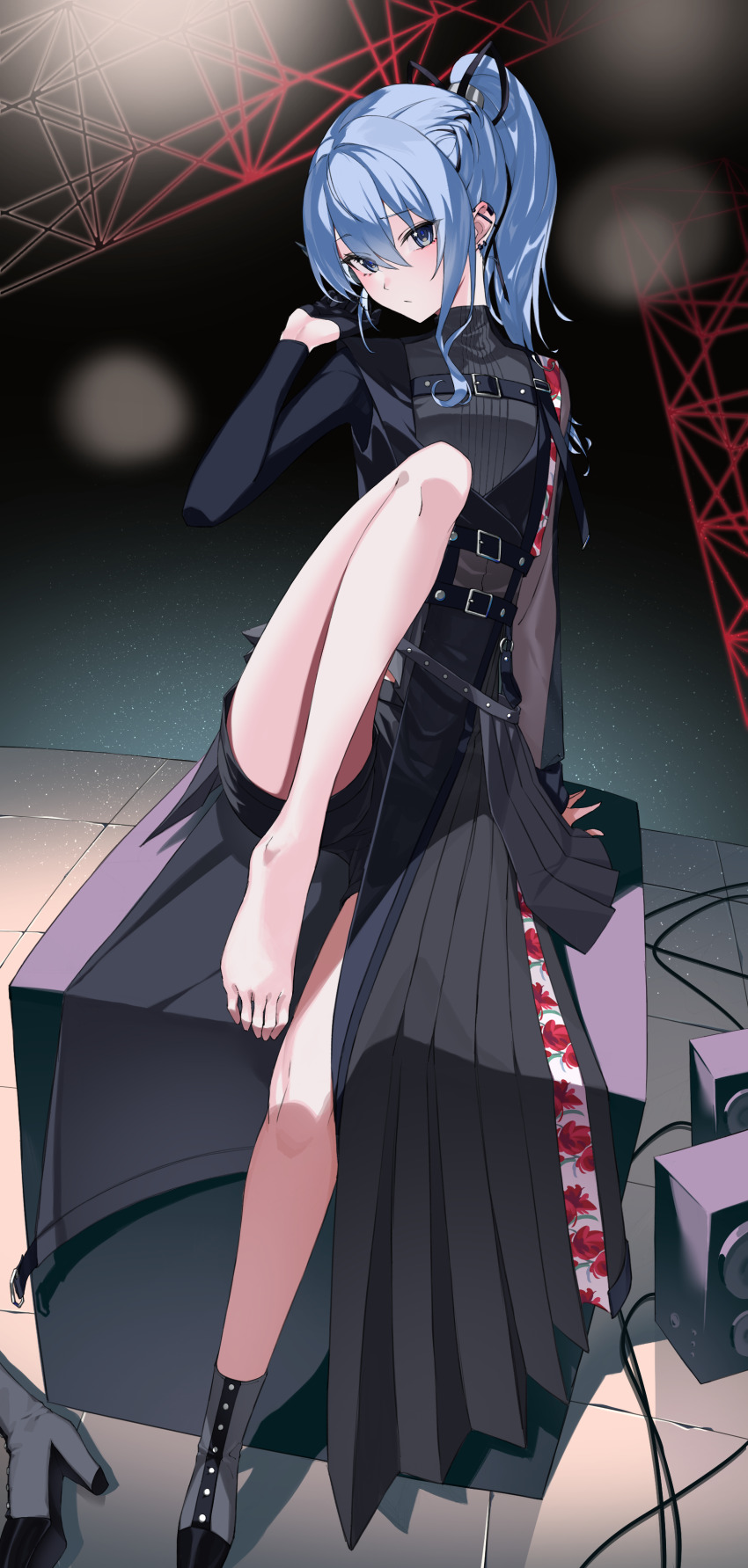 1girl, absurdres, arm_support, asymmetrical_clothes, barefoot, belt, black_belt, black_dress