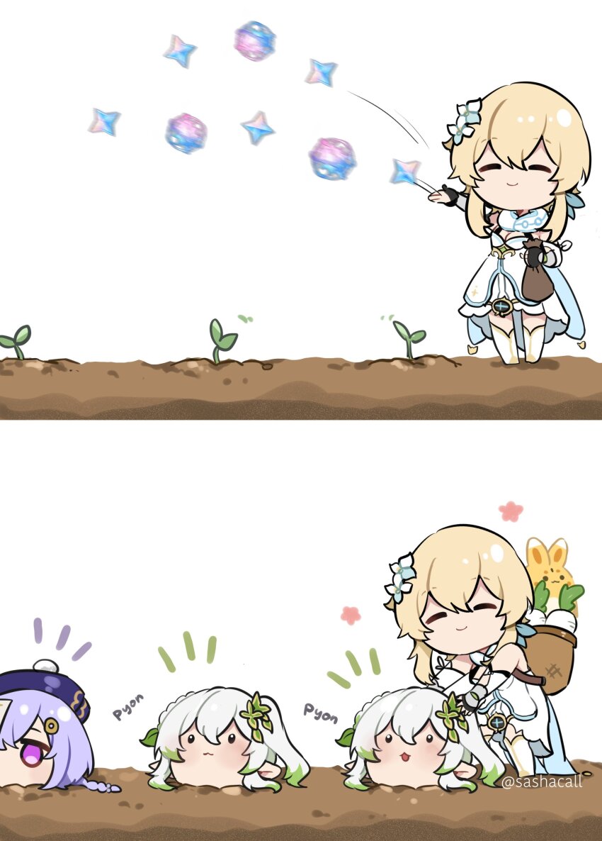 4girls, absurdres, blonde_hair, braid, coin_hair_ornament, dirt, dress, flower