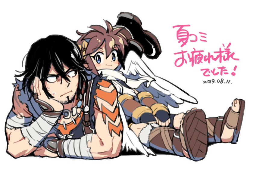 2boys, angel, angel_wings, bandaged_arm, bandages, black_hair, blue_eyes, dated