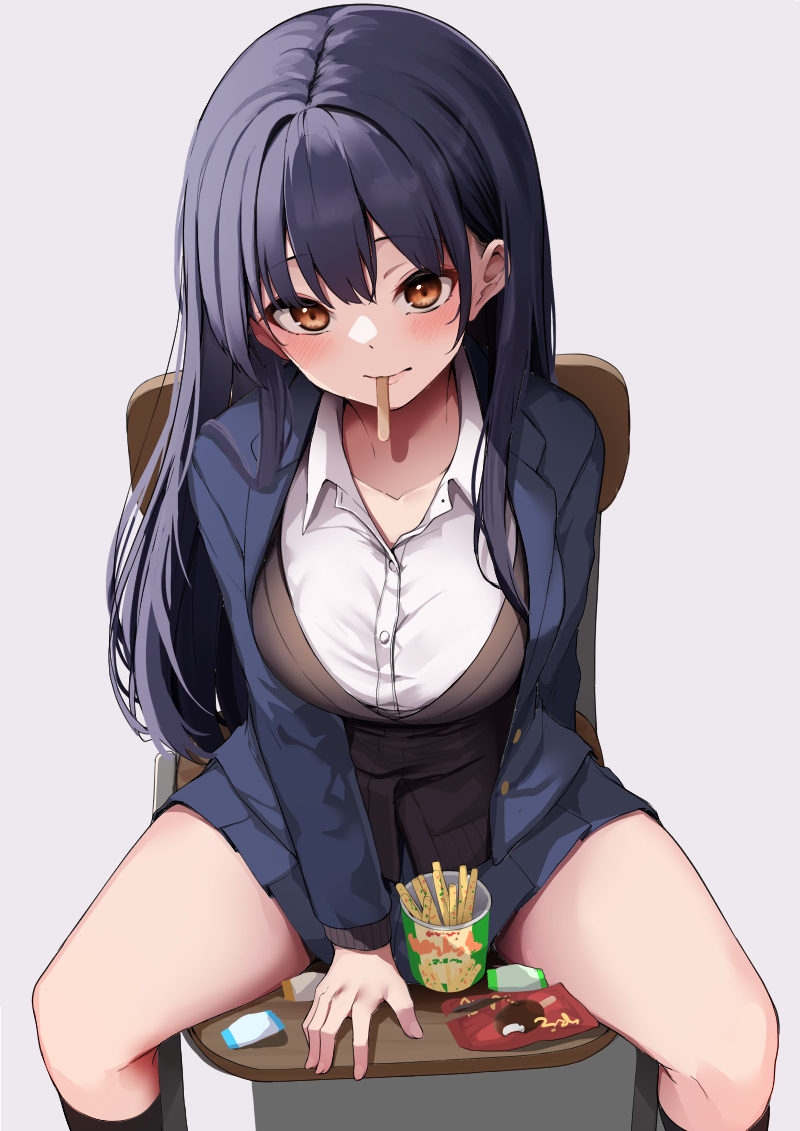 1girl, arm_support, between_legs, black_cardigan, black_hair, black_socks, blazer, blue_jacket