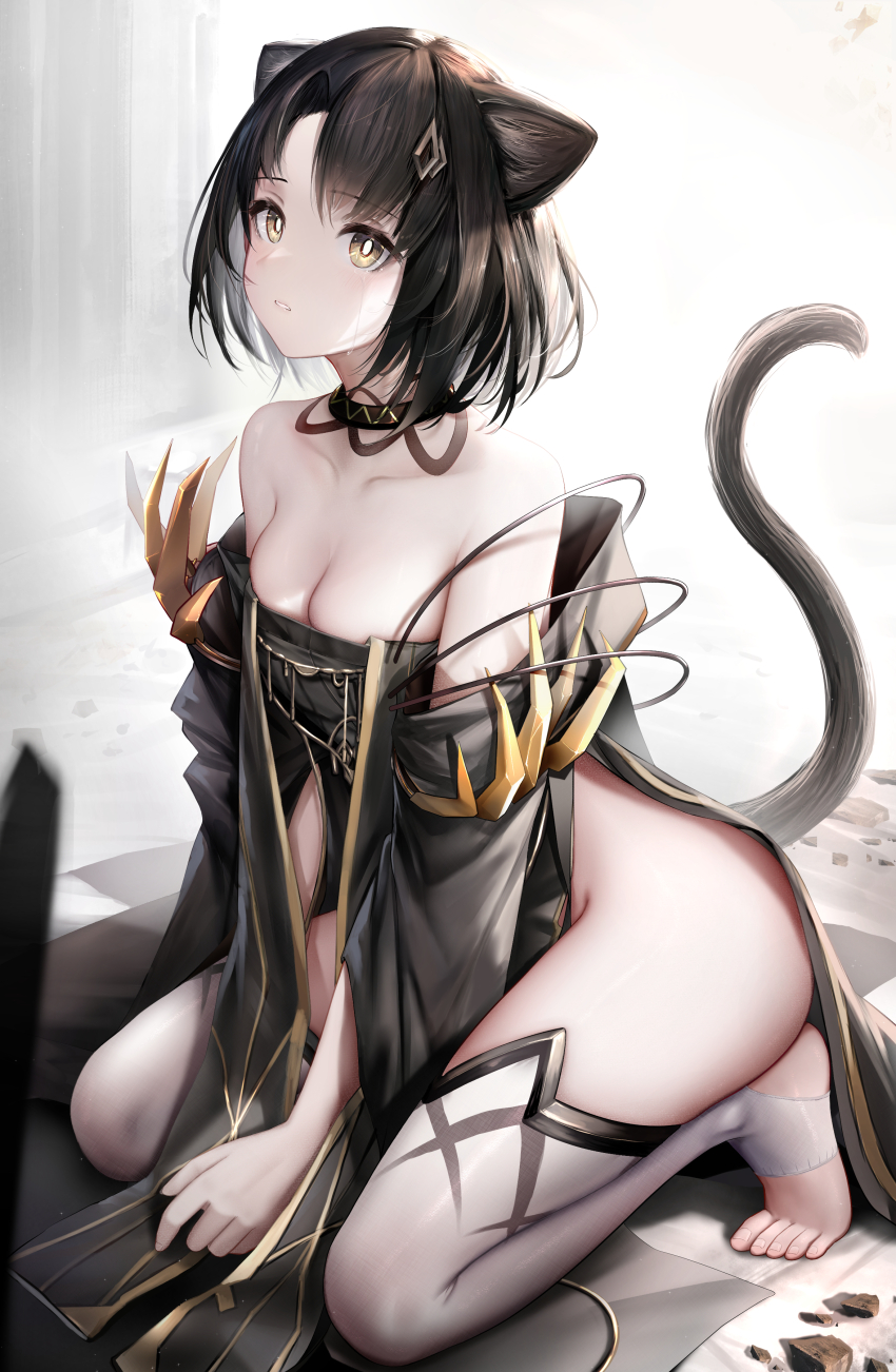 1girl, absurdres, animal_ears, arknights, bare_shoulders, black_choker, black_hair, breasts, cat_ears, cat_tail, choker, cleavage, commentary_request, highres, irvinetope, looking_at_viewer, mandragora_(arknights), medium_breasts, parted_lips, seiza, sitting, solo, stirrup_legwear, tail, tears, thighhighs, thighs, toeless_legwear, white_thighhighs, yellow_eyes