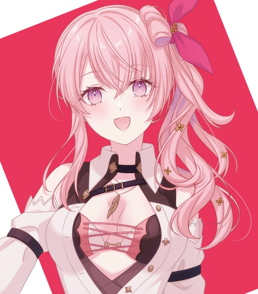 1girl, black_choker, black_straps, blush, bra, breasts, buttons, choker