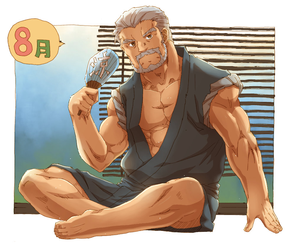 1boy, abs, bara, barefoot, beard, brown_eyes, facial_hair, full_body
