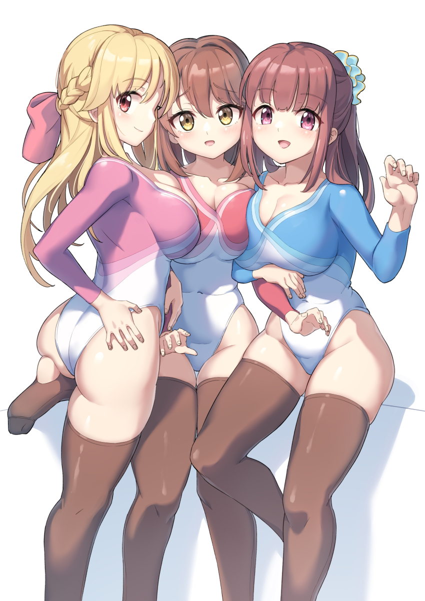 3girls, absurdres, amatsu_kanata, blonde_hair, breasts, brown_hair, cleavage, girlfriend_(kari)