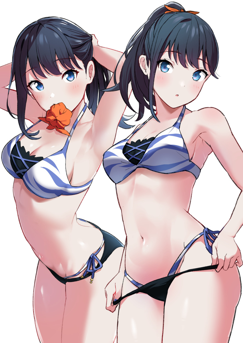 1girl, absurdres, armpits, arms_up, bikini, black_hair, blue_bikini, blue_eyes