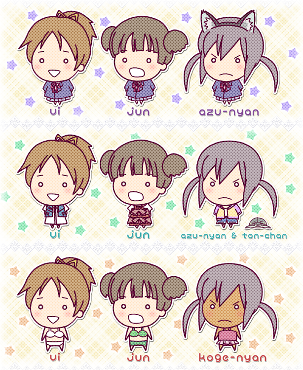 bikini, black_hair, brown_hair, casual, chibi, frown, hair_ribbon, hirasawa_ui, k-on!, kamo_(rsrk), nakano_azusa, o_o, one-piece_swimsuit, ponytail, ribbon, school_uniform, skirt, suzuki_jun, swimsuit, tan, ton-chan, twintails, animal_ears, cat_ears