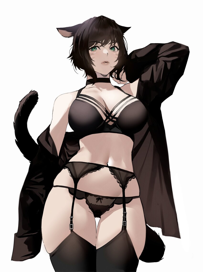 absurdres, animal_ears, black_bra, black_hair, black_jacket, black_panties, bra, breasts, cat_ears, cat_girl, cat_tail, derre, final_fantasy, final_fantasy_xiv, garter_belt, garter_straps, green_eyes, highres, jacket, large_breasts, lips, miqo'te, panties, short_hair, solo, tail, thighhighs, underwear, warrior_of_light_(ff14), white_background, wide_hips