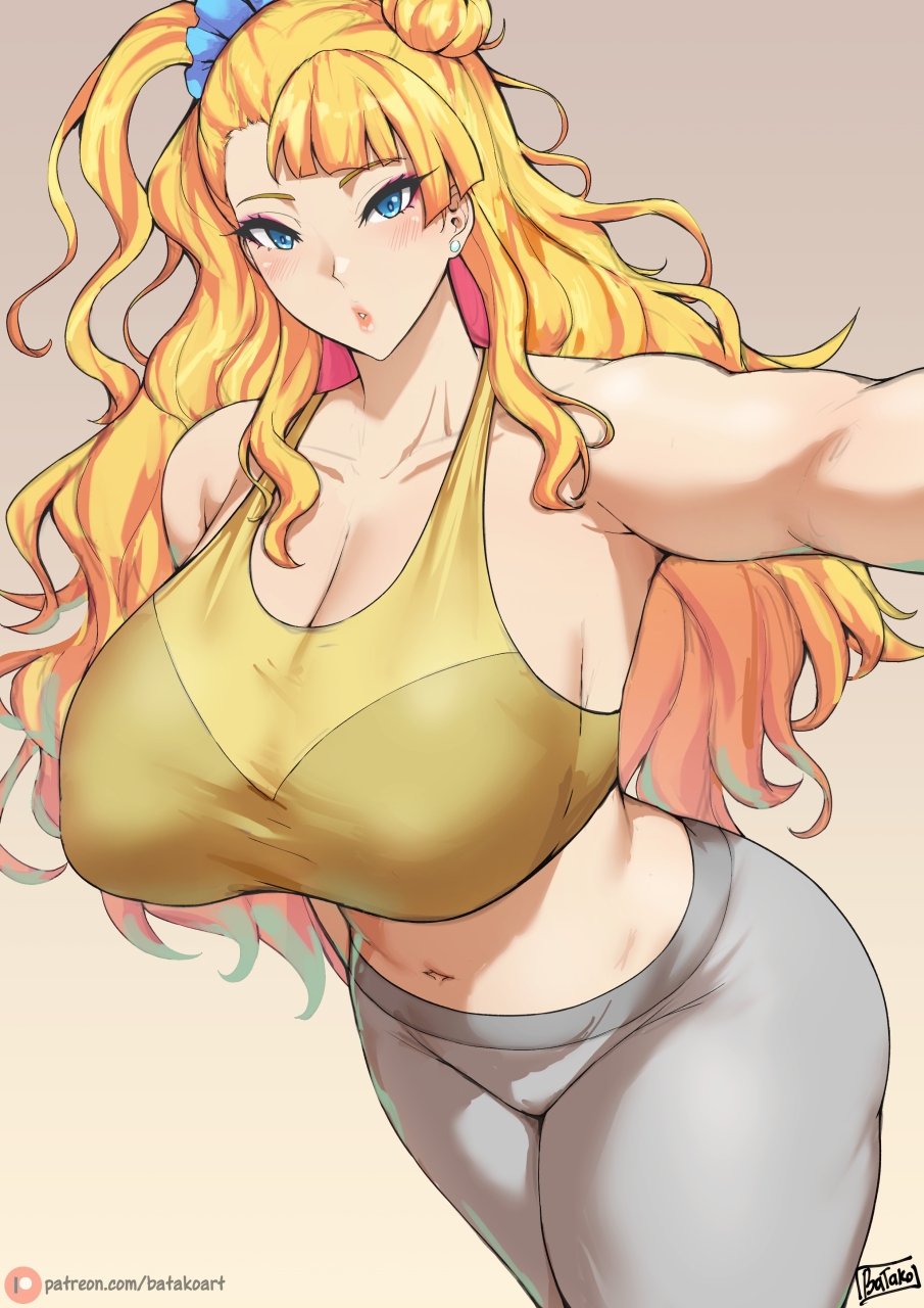 1g_no_izumi, armpits, asymmetrical_hair, batako_(batakoart), blonde_hair, blue_eyes, blue_scrunchie, breasts, cleavage, curvy, earrings, from_above, galko, grey_pants, gyaru, hair_bun, hair_ornament, hair_scrunchie, highres, huge_breasts, jewelry, kogal, midriff, navel, one_side_up, oshiete!_galko-chan, pants, scrunchie, single_side_bun, solo, sports_bra, yellow_sports_bra, yoga_pants