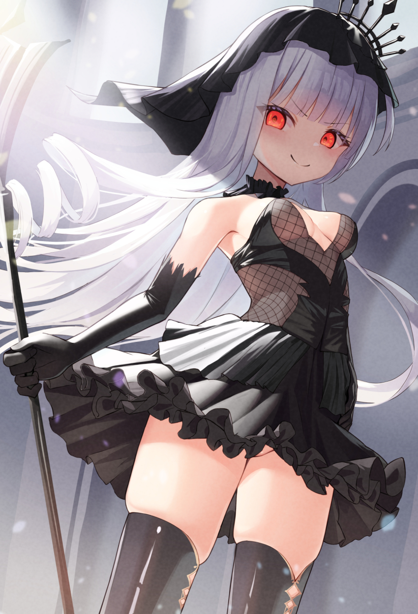 1girl, azur_lane, black_boots, black_dress, black_gloves, black_veil, boots, breasts