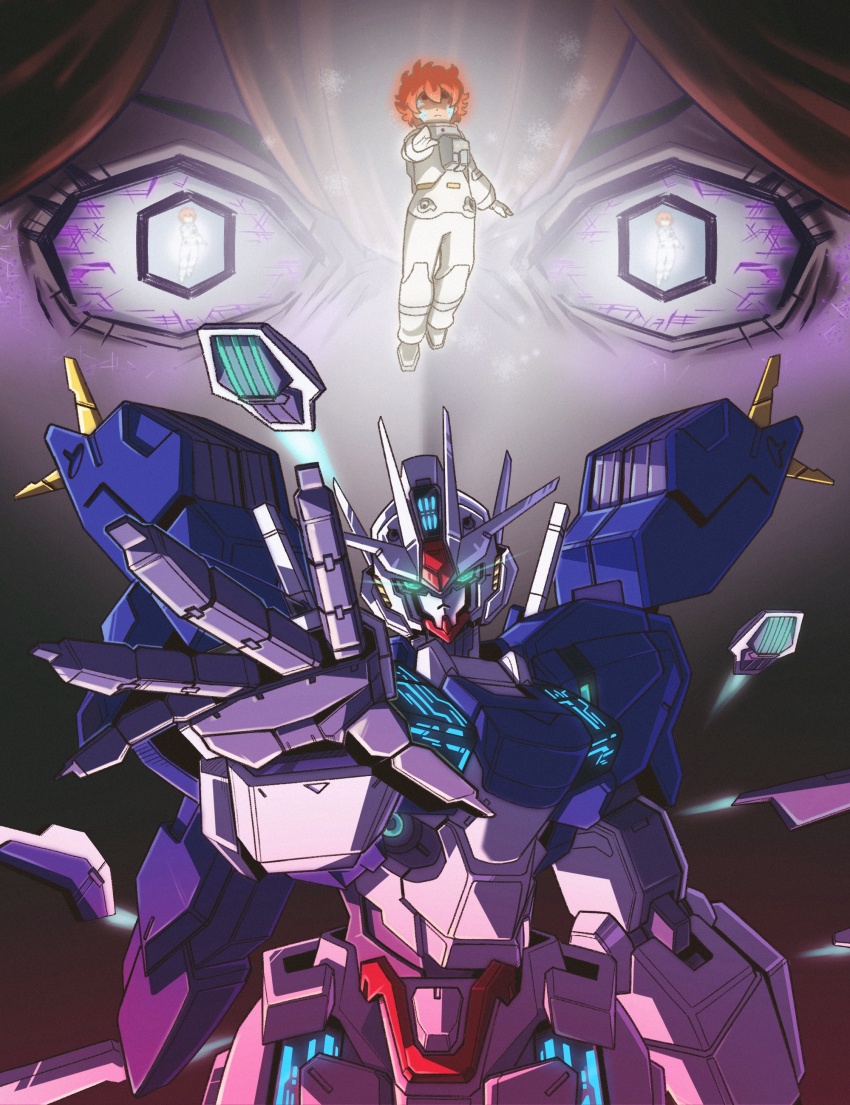 2girls, absurdres, bit_(gundam), commentary, english_commentary, ericht_samaya, exhaust, facial_mark