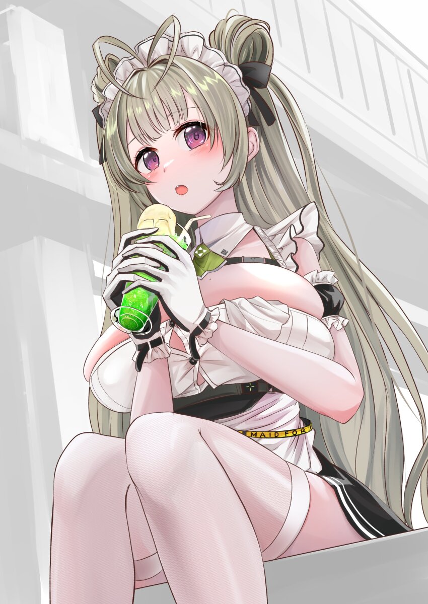 1girl, absurdres, antenna_hair, apron, ascot, bare_shoulders, black_dress, blush