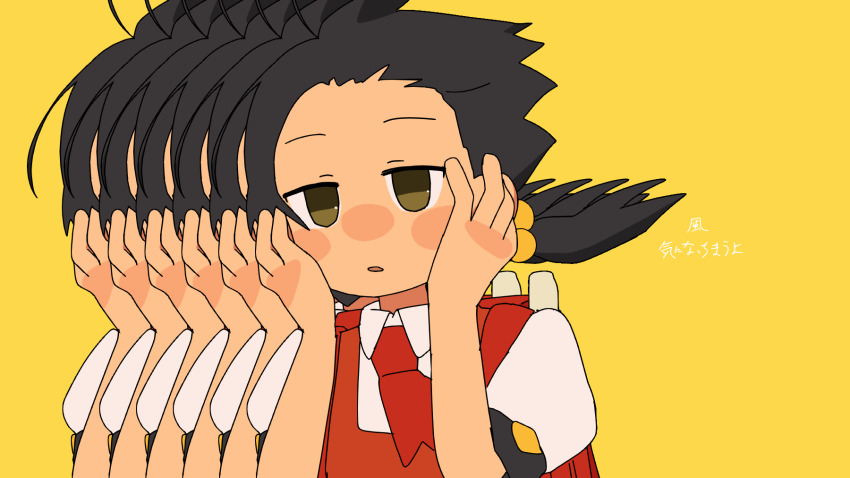 1girl, ascot, backpack, bag, black_hair, blush_stickers, collared_shirt, commentary_request, dress, eiri7hamono, floating_hair, forehead, hair_bobbles, hair_ornament, half-closed_eyes, hands_on_own_cheeks, hands_on_own_face, hands_up, highres, kaai_yuki, kyoufuu_all_back_(vocaloid), kyu-kurarin_(cevio), low_twintails, lyrics, open_mouth, parody, pinafore_dress, puffy_short_sleeves, puffy_sleeves, randoseru, recurring_image, red_ascot, red_bag, red_dress, shirt, short_sleeves, simple_background, sleeveless, sleeveless_dress, source_quote_parody, translation_request, twintails, upper_body, vocaloid, white_shirt, yellow_background, yellow_eyes