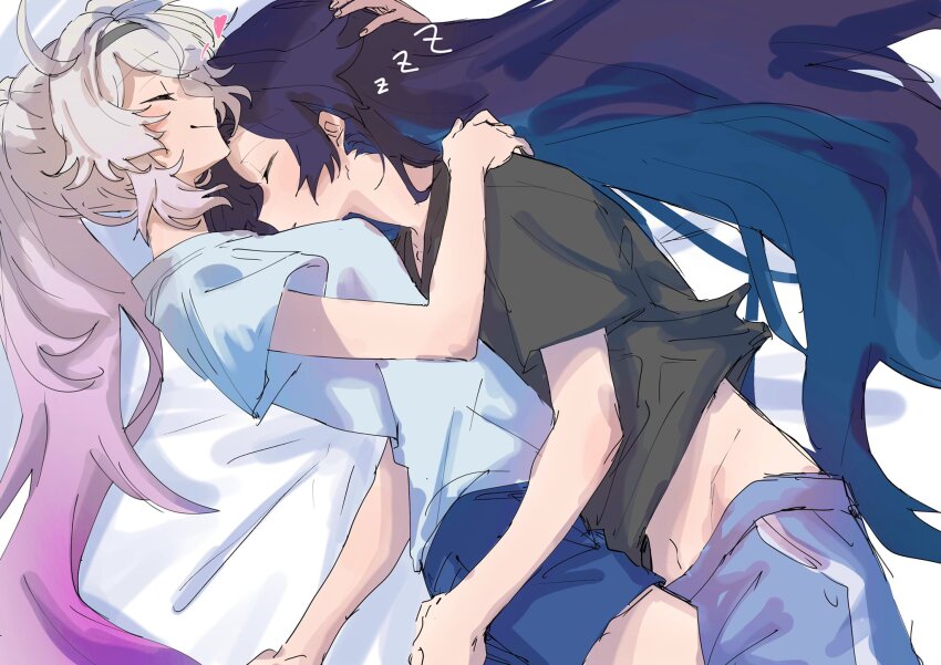 2girls, alternate_costume, belly, black_hair, black_shirt, blue_shirt, blue_shorts, breasts, closed_eyes, closed_mouth, couple, heart, high_ponytail, highres, honkai_(series), honkai_impact_3rd, hug, kiana_kaslana, kiana_kaslana_(cramming), kiana_kaslana_(herrscher_of_finality), long_hair, lying, medium_breasts, moonsun77773, multiple_girls, navel, ponytail, raiden_mei, raiden_mei_(herrscher_of_origin), shirt, shorts, sleeping, smile, very_long_hair, white_hair, yuri, zzz