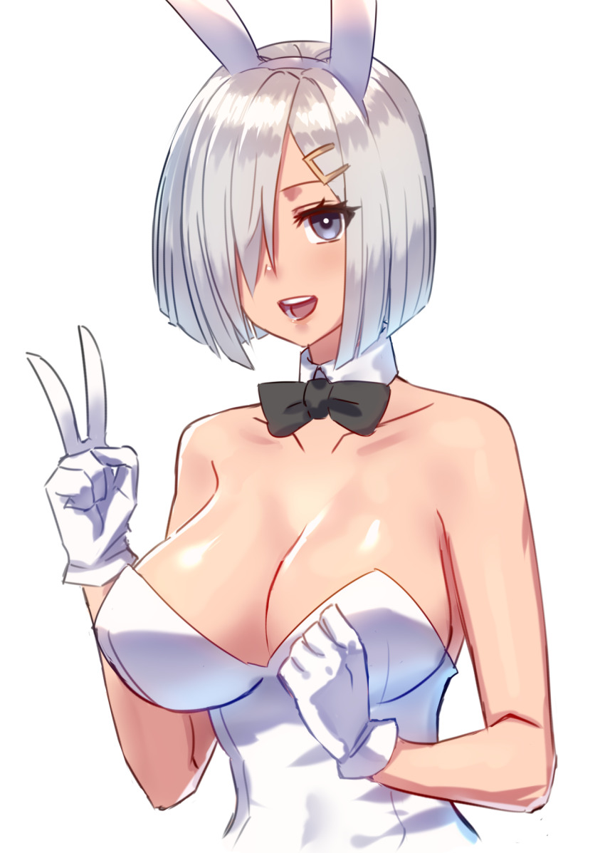 1girl, :d, alternate_costume, animal_ears, bare_shoulders, black_bow, black_bowtie, blue_eyes