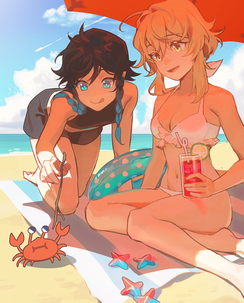 1boy, 1girl, barefoot, beach, bikini, black_hair, blonde_hair, blue_eyes