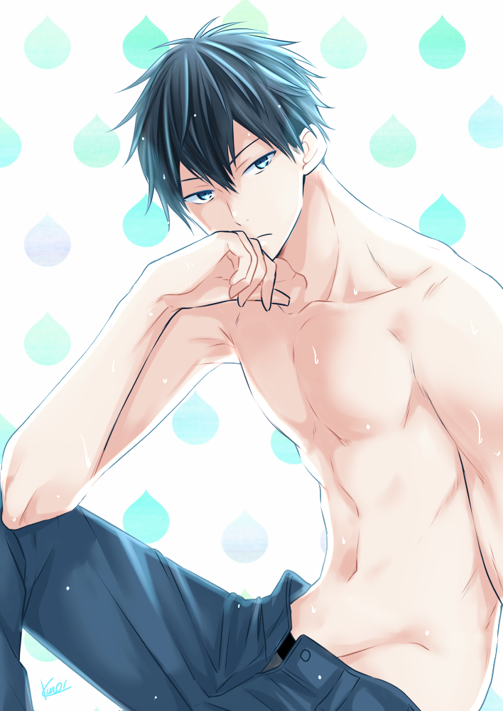 1boy, 961_masashi, black_hair, blue_eyes, closed_mouth, given, hands_on_own_face, male_focus