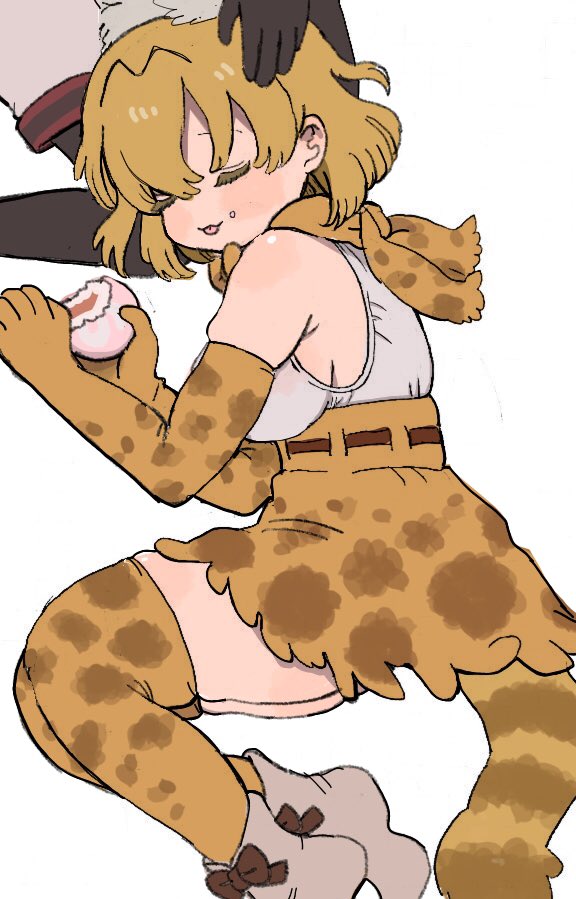 010mzam, 2girls, :3, :p, animal_ears, animal_print, bare_shoulders, black_gloves, black_pantyhose, blonde_hair, blush, bow, bowtie, breasts, cat_ears, cat_girl, cat_tail, closed_eyes, elbow_gloves, extra_ears, food, gloves, grey_shorts, high-waist_skirt, japari_bun, kaban_(kemono_friends), kemono_friends, lap_pillow, medium_breasts, multiple_girls, pantyhose, plump, print_bow, print_bowtie, print_gloves, print_skirt, print_thighhighs, serval_(kemono_friends), shirt, shorts, skirt, sleeping, sleeveless, tail, thighhighs, tongue, tongue_out, white_shirt, zettai_ryouiki