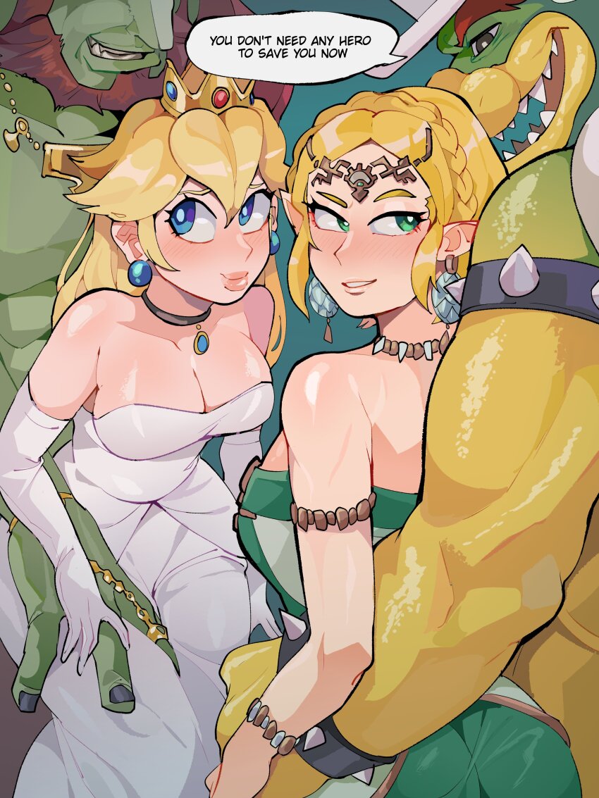 2boys, 2girls, absurdres, ass, bare_shoulders, blonde_hair, blue_eyes, bowser, braid, breasts, bride, cleavage, colored_skin, crossover, diforland, dress, earrings, english_text, facial_hair, ganondorf, gerudo, green_eyes, green_skin, hair_ornament, highres, jewelry, long_hair, mario_(series), medium_breasts, multiple_boys, multiple_girls, netorare, nintendo, pointy_ears, princess_peach, princess_zelda, short_hair, sidelocks, skin_tight, smile, sphere_earrings, the_legend_of_zelda, the_legend_of_zelda:_tears_of_the_kingdom, the_super_mario_bros._movie, wedding_dress, white_dress