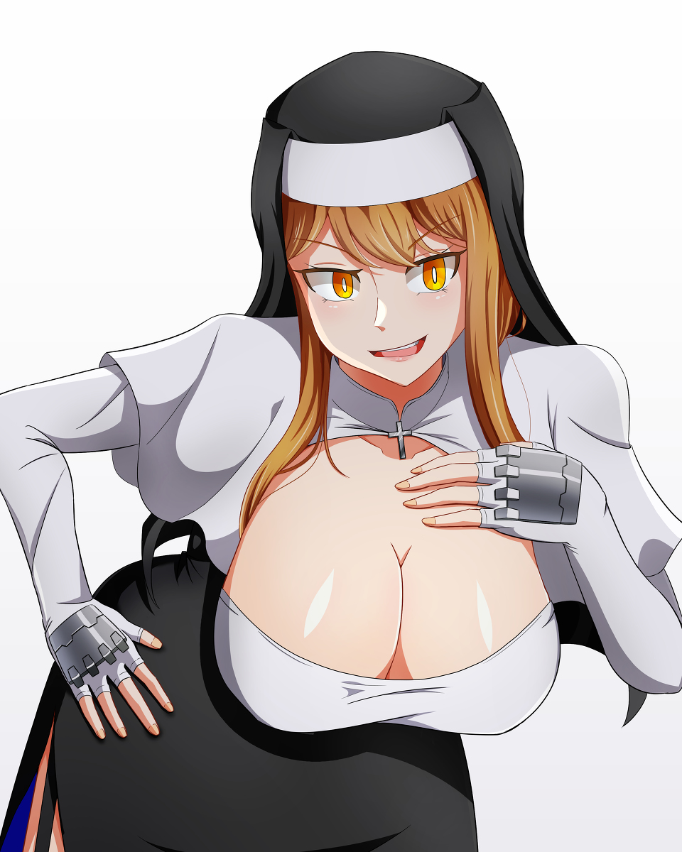 1girl, black_dress, black_hat, breasts, brown_hair, capelet, cleavage, cleavage_cutout, clothing_cutout, cowboy_shot, cross, dress, elbow_gloves, eyebrows, eyelashes, female_focus, fingerless_gloves, garter_straps, gloves, habit, hand_on_own_chest, hand_on_own_hip, hat, highres, kyuuketsuki_sugu_shinu, large_breasts, leaning_forward, long_hair, maria_(kyuuketsuki_sugu_shinu), medium_hair, nun, open_mouth, sidelocks, simple_background, smile, solo, standing, teeth, two-tone_dress, two-tone_hat, upper_teeth_only, viperstrawberry, white_background, white_capelet, white_dress, white_gloves, white_hat, yellow_eyes