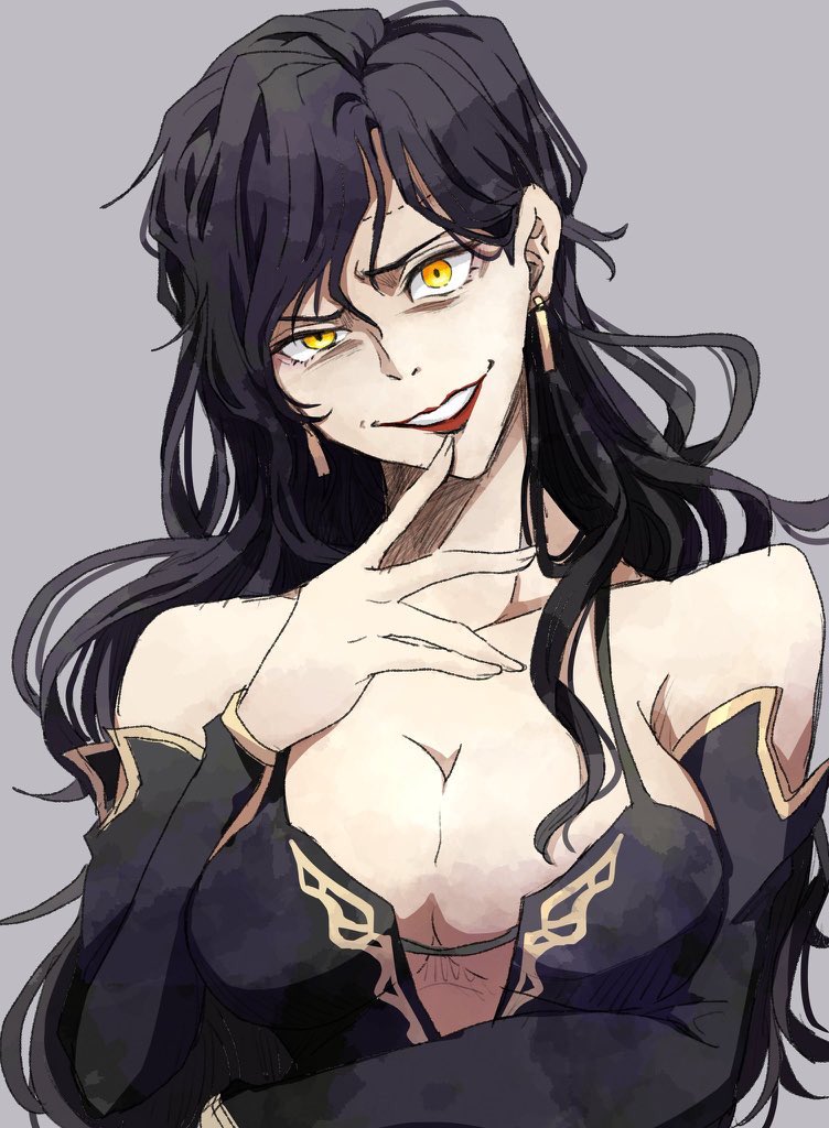 1girl, arm_under_breasts, bare_shoulders, black_dress, black_hair, breasts, circlet, cleavage, collarbone, detached_sleeves, dress, earrings, finger_to_mouth, fire_emblem, fire_emblem:_the_blazing_blade, gold_trim, grey_background, head_tilt, jewelry, large_breasts, lipstick, long_hair, looking_at_viewer, makeup, mature_female, nintendo, plunging_neckline, red_lips, smile, solo, sonia_(fire_emblem:_the_blazing_blade), sturm_fe_k11, teeth, upper_body, yellow_eyes