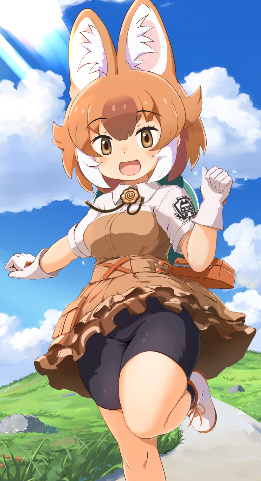 1girl, animal_ears, bike_shorts, bike_shorts_under_skirt, blush, breasts, brown_hair, commission