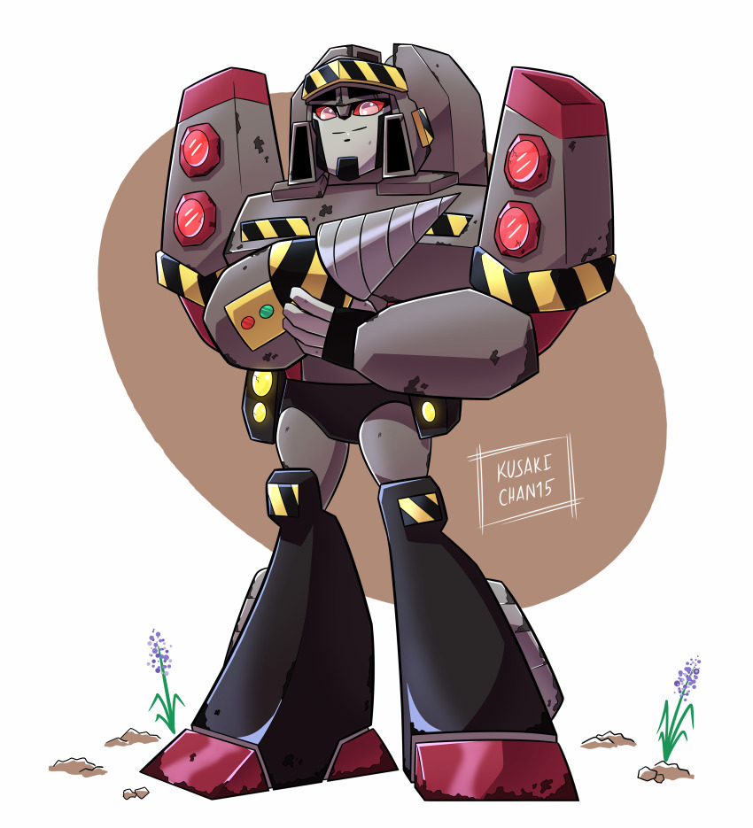 absurdres, artist_name, colored_sclera, commentary, decepticon, deformed, drill, english_commentary, flower, full_body, hand_on_own_arm, highres, kusa_(kusakichan15), looking_at_viewer, mecha, megatron, purple_flower, red_eyes, red_sclera, robot, smile, solo, standing, transformers, transformers:_animated