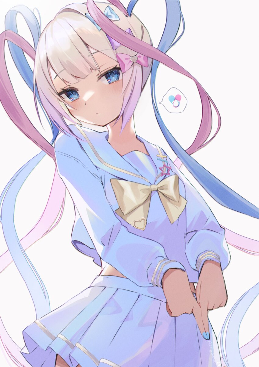 1girl, absurdres, asagawa_mikan, blue_bow, blue_eyes, blue_hair, blue_nails, blue_shirt