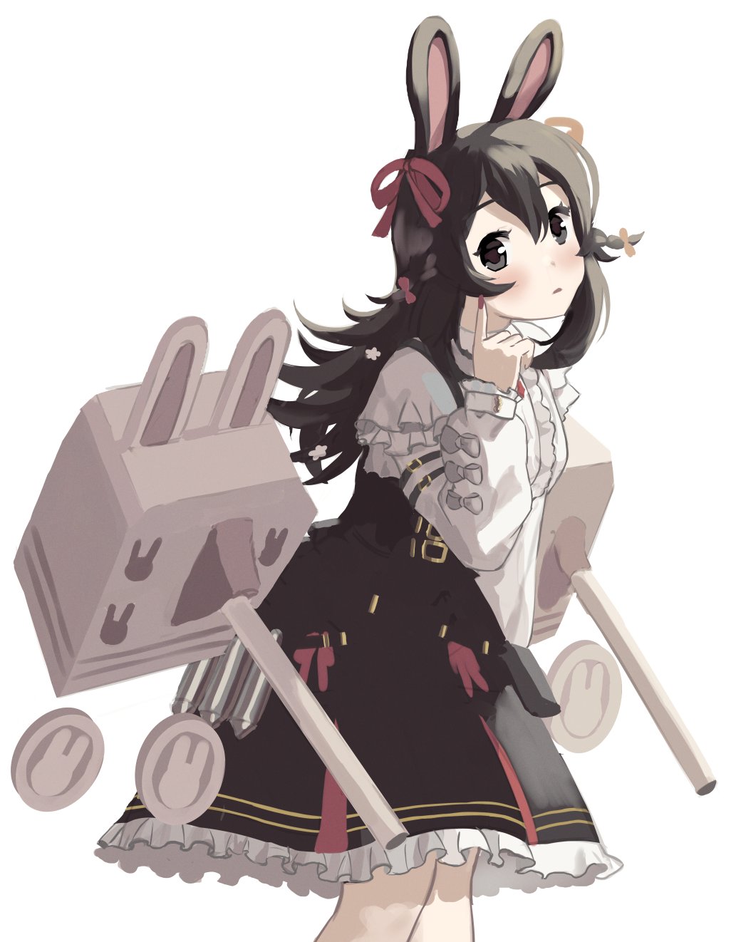 1girl, animal_ears, black_dress, black_eyes, black_hair, bow, cannon, capelet