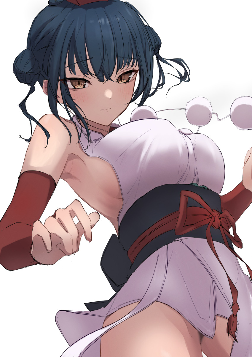 1girl, absurdres, bare_shoulders, black_hair, blush, bouncing_breasts, breasts, bridal_gauntlets, brown_eyes, double_bun, elbow_gloves, gloves, hair_bun, hat, highres, japanese_clothes, kaekae_kaeru, kimono, large_breasts, long_hair, looking_at_viewer, nijisanji, obi, parted_lips, pom_pom_(clothes), red_gloves, red_hat, sash, short_kimono, sideboob, sidelocks, simple_background, sleeveless, sleeveless_kimono, solo, tokin_hat, twintails, virtual_youtuber, white_background, white_kimono, yamagami_karuta, yamagami_karuta_(1st_costume)