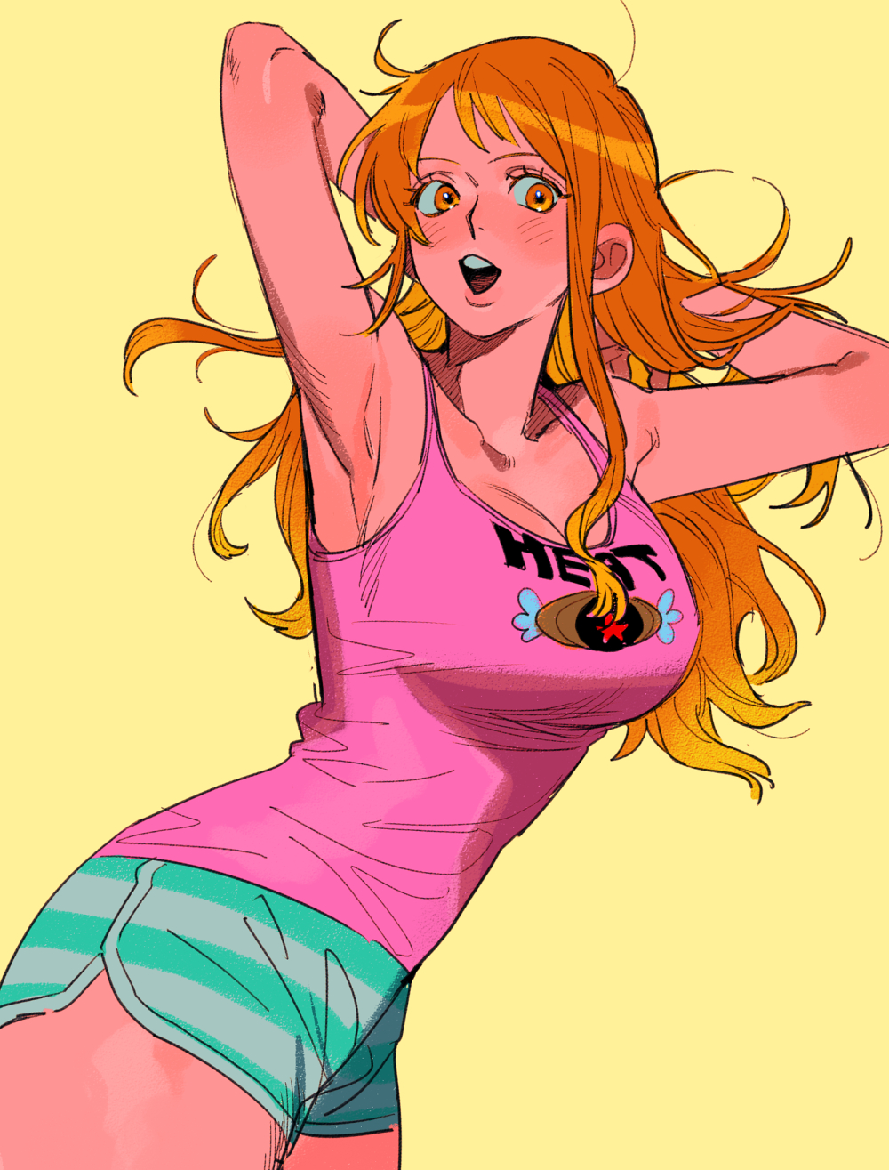 1girl, armpits, arms_behind_head, arms_up, blush, breasts, chanko_neru, collarbone, commentary, cowboy_shot, dolphin_shorts, highres, large_breasts, long_hair, looking_at_viewer, messy_hair, nami_(one_piece), nami_(one_piece)_(punk_hazard), one_piece, open_mouth, orange_eyes, orange_hair, pink_tank_top, shorts, simple_background, single_sidelock, solo, striped_clothes, striped_shorts, untranslatable_commentary, tank_top, teeth, upper_teeth_only, yellow_background